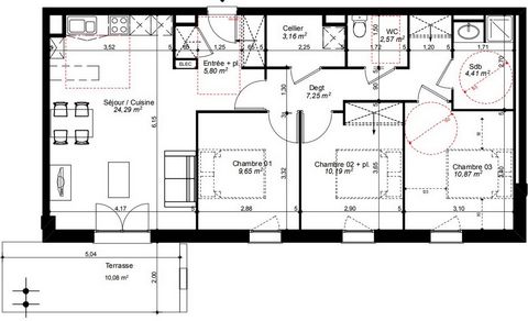 Dans petite résidence de bon standing, Appartement T4 de 78m2 avec terrasse de 10m2 et jardin. Il se compose d'une entrée avec placard, d'une pièce de vie avec une cuisine équipée, un dégagement desservant trois chambres avec placards, un cellier- bu...