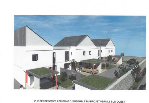 Projet de construction d’une maison d'environ 92m² dans une copropriété en cours de création, de 5 maisons sur un terrain d’environ 1100m². RDC : entrée, salon-séjour avec cuisine ouverte, cellier, option pour une 4ème chambre, wc séparés et placard ...