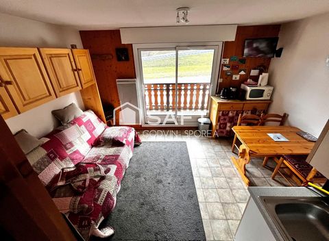 Studio cabine de 23m2 avec balcon exposé sud et casier à ski offrant une vue dégagée sur les alpages et montagnes environnantes.
