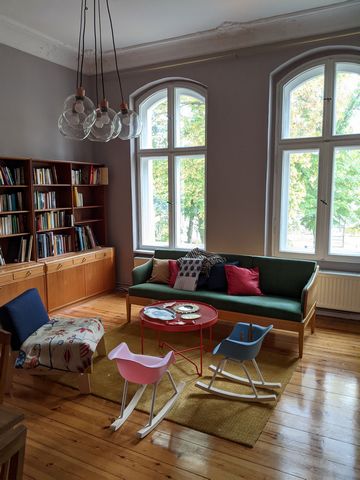 Apartment on first floor of lovely Art Nouveau villa with period features, furnished in mainly modernist style with nice furniture. 1 eat in kitchen, 1 bathroom with shower, 1 large reception room, 2 double bedrooms (one of which a children's nursery...