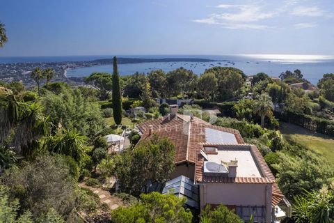 Dans un secteur privilégié au calme absolu, vous découvrirez de cette villa une vue mer panoramique sur la baie de Golfe Juan et jusqu’à l’Italie. Cette villa familiale exposée sud, sur deux niveaux de 182m2, comprend un séjour, une cuisine, cinq cha...