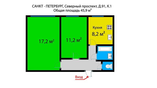 Арт. 78476995 О квартире Общая площадь 45,92 кв.м Комнаты изолированные 17,2+ 11,2 кв.м Кухня хорошей формы 8,2 кв.м Окна на юго-запад в красивый зеленый двор Требуется косметический ремонт Квартира в собственности одной семьи с 2000 года Наследство ...