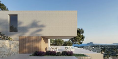 Luxusvilla mit Blick auf das Meer und den Felsen von Ifach. Luxusvilla in Benissa mit Blick auf das Meer und den Felsen von Ifach. Diese Villa ist mit Betonoberflächen zu sehen. Das Erdgeschoss verfügt über ein großes offenes Ess-, Wohn- und Reinigun...