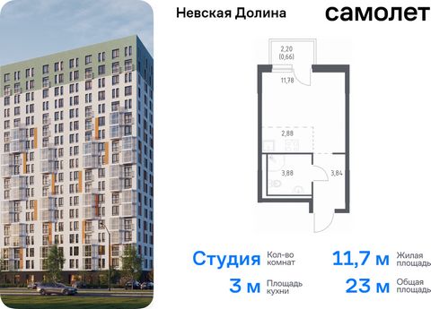 Продается квартира-студия. Квартира расположена на 7 этаже 17 этажного монолитно-кирпичного дома (Корпус 1.2, Секция 1) в ЖК «Невская Долина» от группы «Самолет». «Невская Долина» - уютный квартал в скандинавском стиле рядом с набережной Невы. Находи...