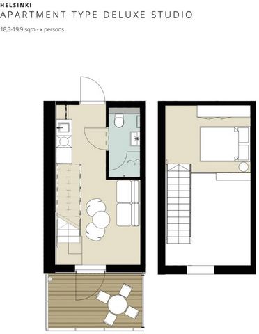 Deluxe Studio(with terrace) Minimum 6 months stay 20 sqm on the bottom floor plus 7sqm loft (the bedroom) This studio apartment suits 1-3 persons. The studio includes a 160 cm queen bed, a sofabed, kitchenette, luxurious bathroom and built-in storage...