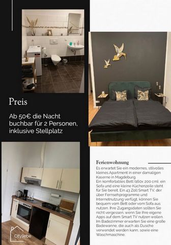 Es erwartet Sie ein moderne kleine zwei Zimmerwohnung in Magdeburg. Die Wohnung bietet alles, was Sie für einen komfortablen, entspannten und angenehmen Aufenthalt benötigen. Es ist ruhig gelegen. Auf Sie wartet ein komfortables Bett, ein Schlafsofa ...
