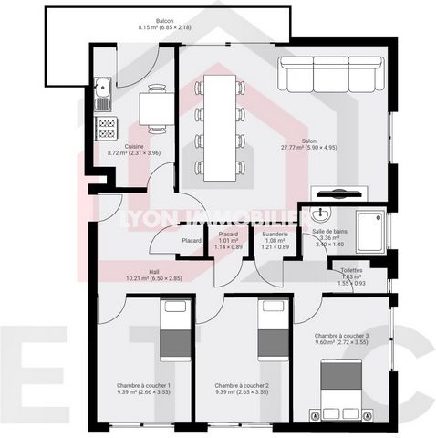 Appartement familial # Colocation # 3 chambres # Proche commodités Lyon Immobilier vous propose en exclusivité cet appartement 4 pièces d'environ 82m2 situé à Bron, au 1er étage d'une résidence de 1974. L'appartement est au calme, lumineux et sans vi...